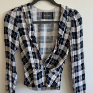 Reformation Plaid Print Top | Navy & Cream | Long Sleeve Ruffle | Size XS